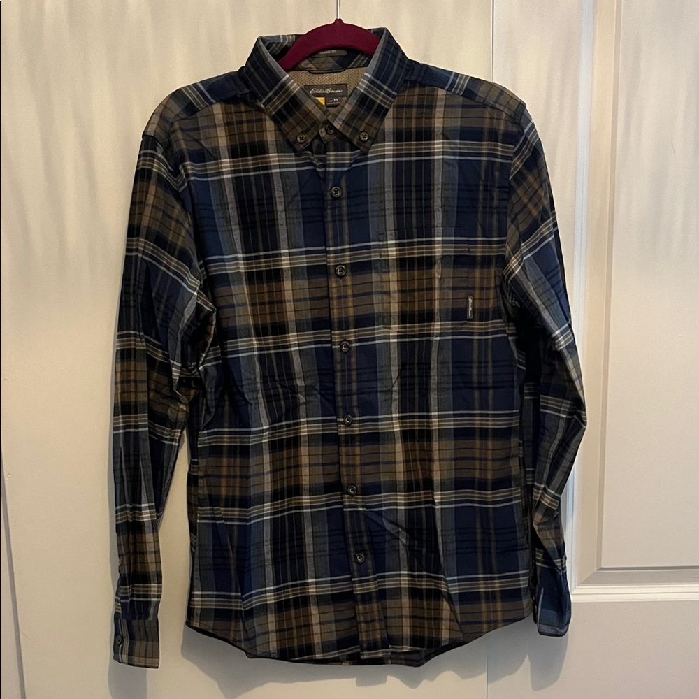 Men’s Eddie Bauer Navy and Tan Plaid Shirt